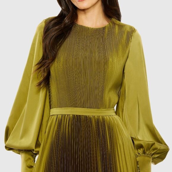 MAC DUGGAL 49718 Womens Olive Long Sleeve High Neck Heat Pleated Dress Flaws - Picture 4 of 14